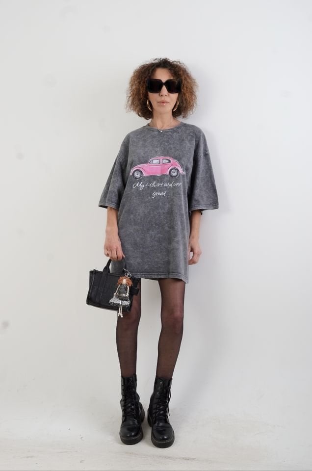 Antrasit Wos Wos Baskılı Soluk Efektli Oversize Tshirt