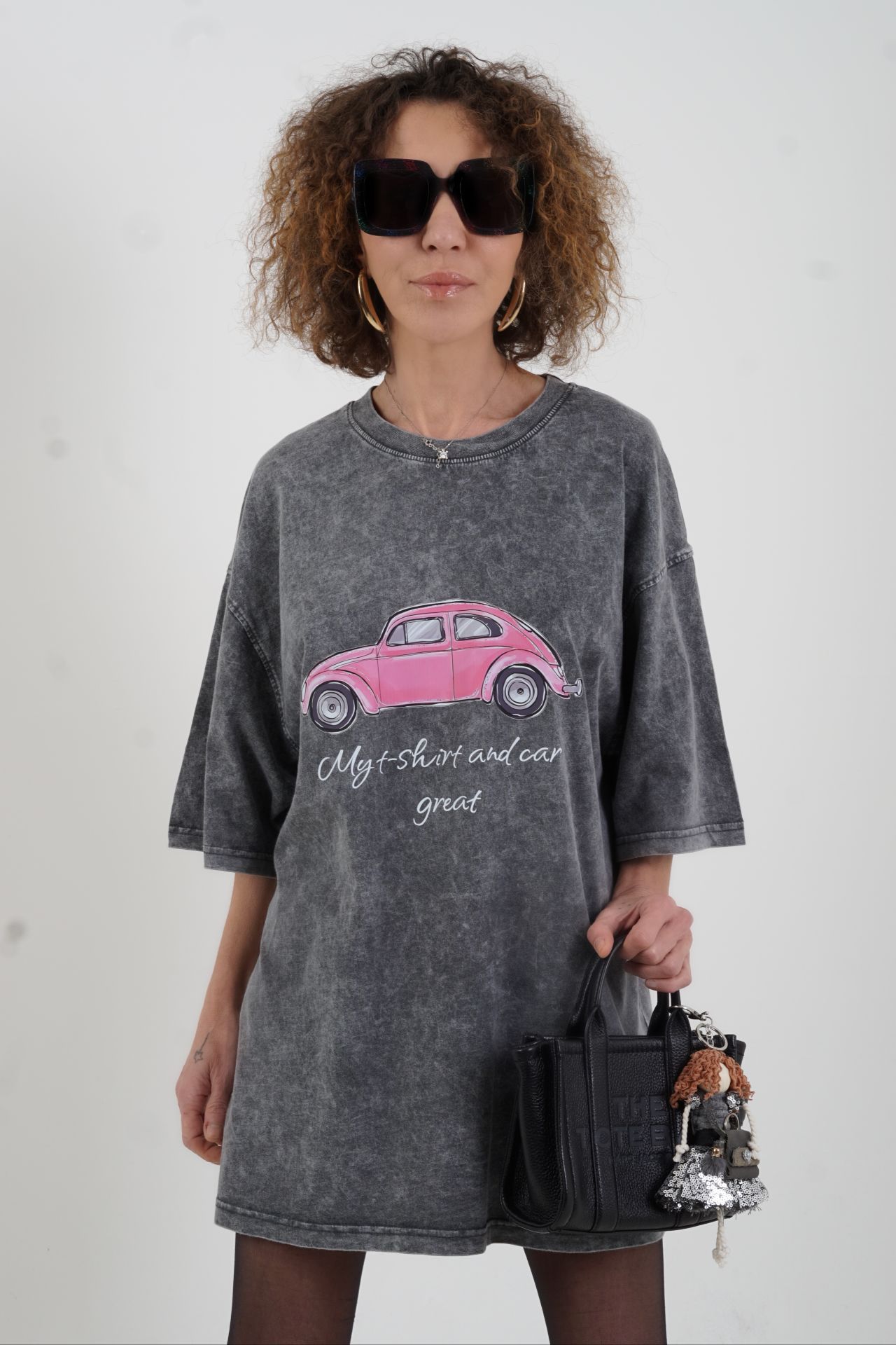 Antrasit Wos Wos Baskılı Soluk Efektli Oversize Tshirt