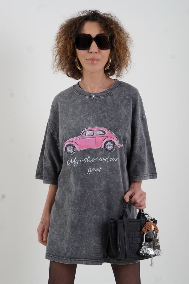 Antrasit Wos Wos Baskılı Soluk Efektli Oversize Tshirt