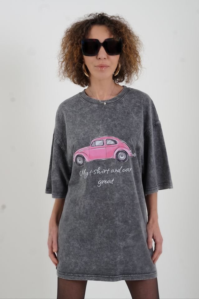 Antrasit Wos Wos Baskılı Soluk Efektli Oversize Tshirt
