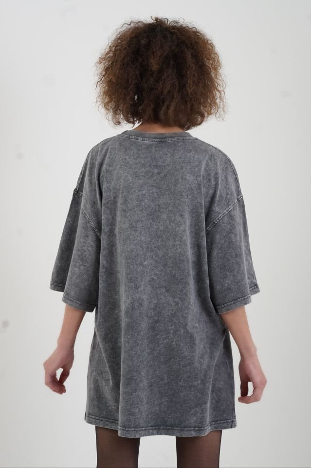 Antrasit Wos Wos Baskılı Soluk Efektli Oversize Tshirt