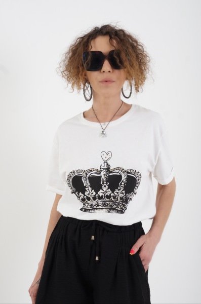 Ekru Taç Baskılı Tshirt