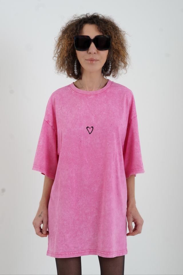 Pembe Kalp Baskılı Laser Cut Soluk Efektli Oversize Tshirt
