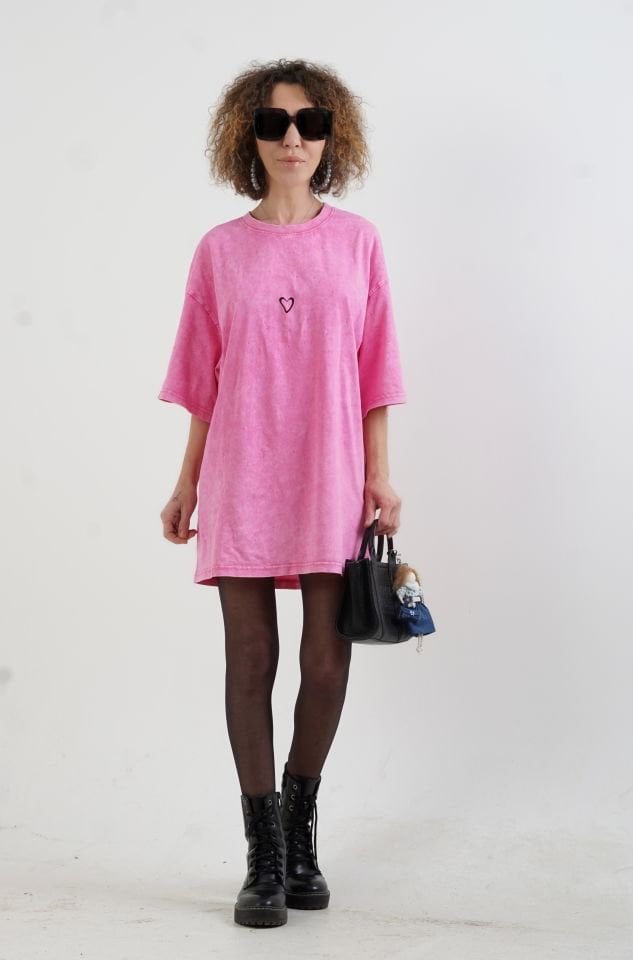 Pembe Kalp Baskılı Laser Cut Soluk Efektli Oversize Tshirt