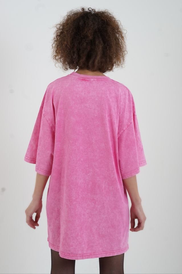 Pembe Kalp Baskılı Laser Cut Soluk Efektli Oversize Tshirt