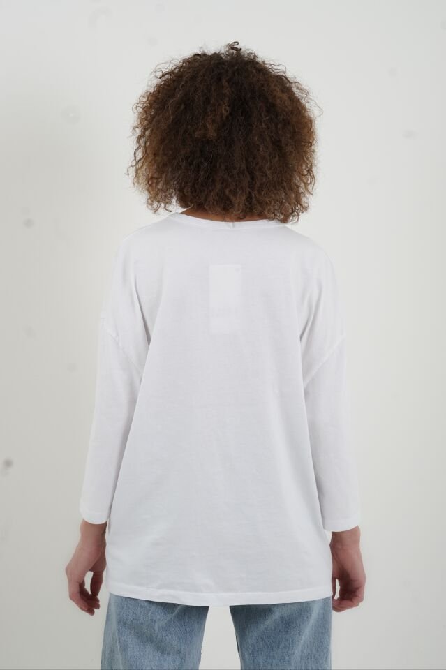 Beyaz Bisiklet Yaka Truvakar Kol Tshirt