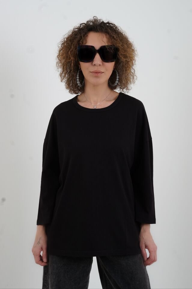 Siyah Bisiklet Yaka Truvakar Kol Tshirt