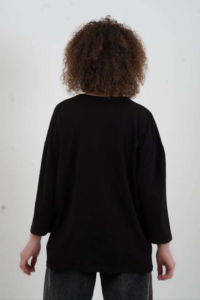 Siyah Bisiklet Yaka Truvakar Kol Tshirt