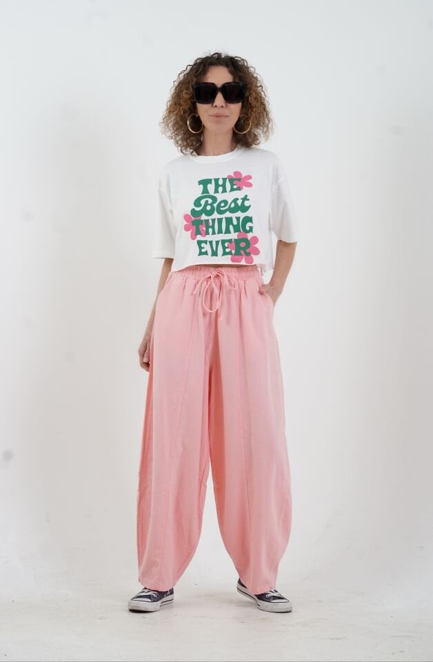 Ekru Best Think Ever Baskılı Crop Tshirt