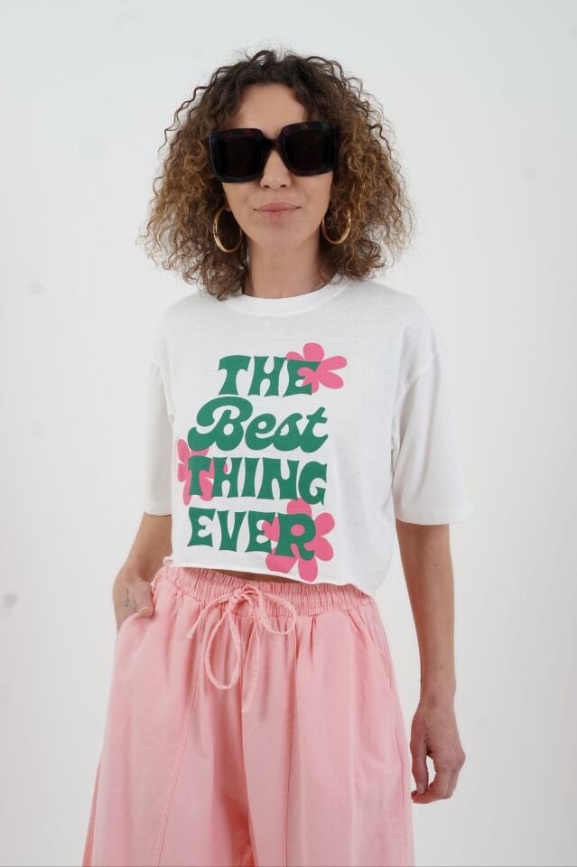 Ekru Best Think Ever Baskılı Crop Tshirt