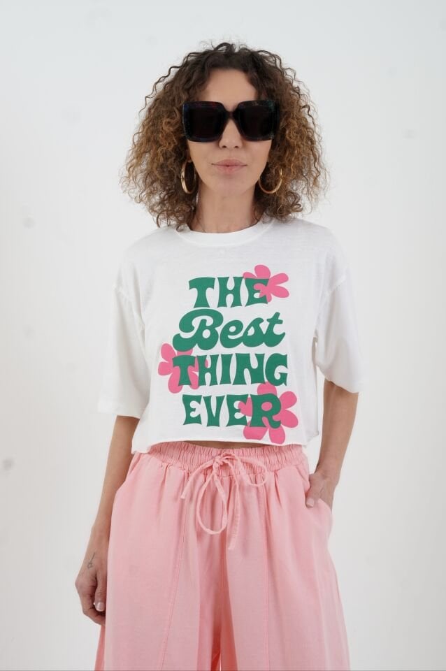 Ekru Best Think Ever Baskılı Crop Tshirt