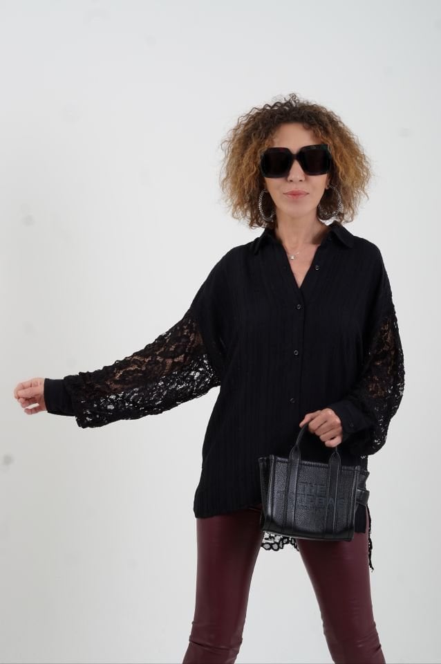 Siyah Arkası Dantel Kendinden Çizgili Gömlek