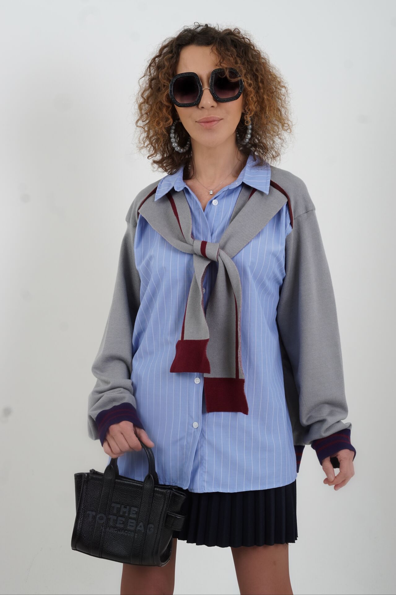 Mavi Gri Triko Detaylı Atkılı Gömlek