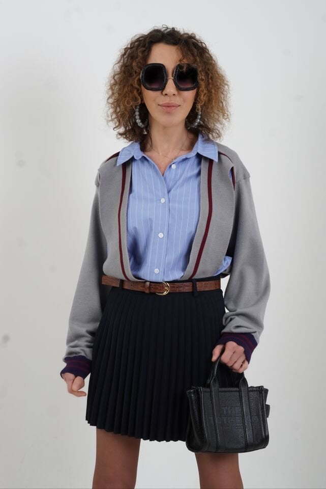 Mavi Gri Triko Detaylı Atkılı Gömlek