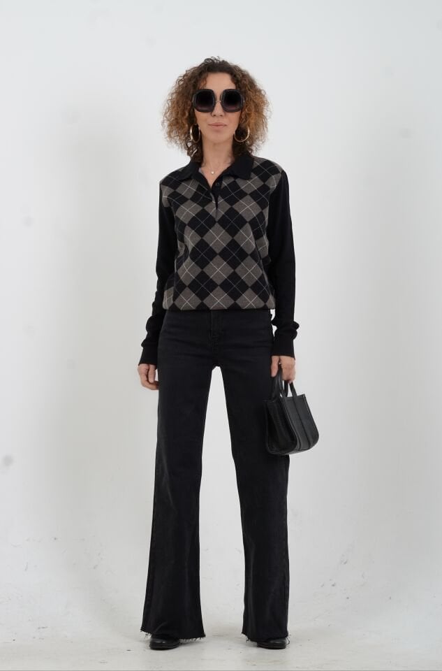 Siyah Baklava Desen Polo Yaka Kazak