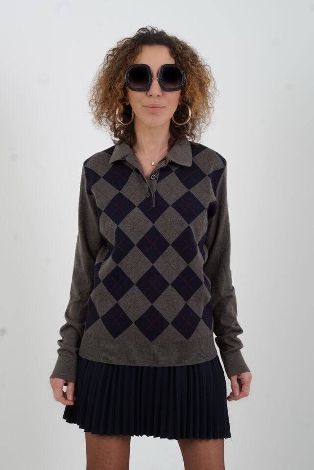 Lacivert Baklava Desen Polo Yaka Kazak