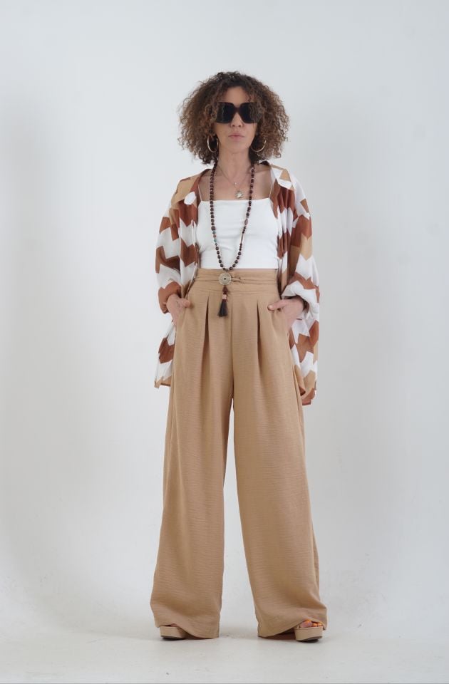 Camel Geniş Paça Keten Karışımlı Pantolon