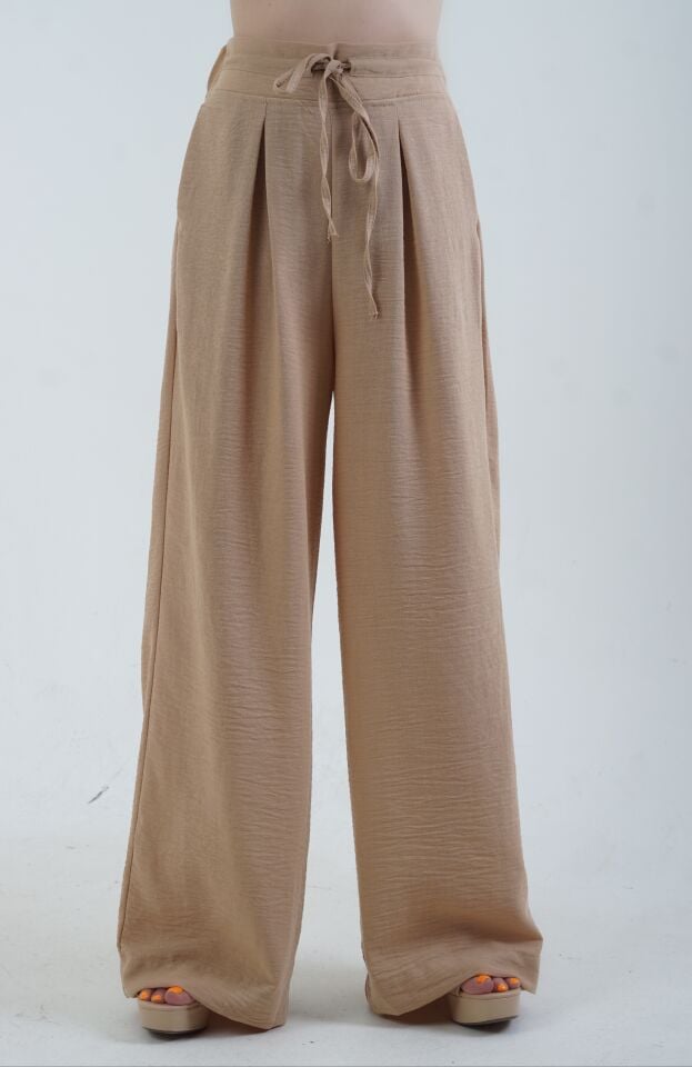 Camel Geniş Paça Keten Karışımlı Pantolon