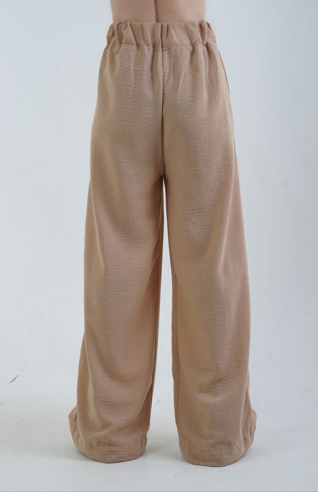 Camel Geniş Paça Keten Karışımlı Pantolon