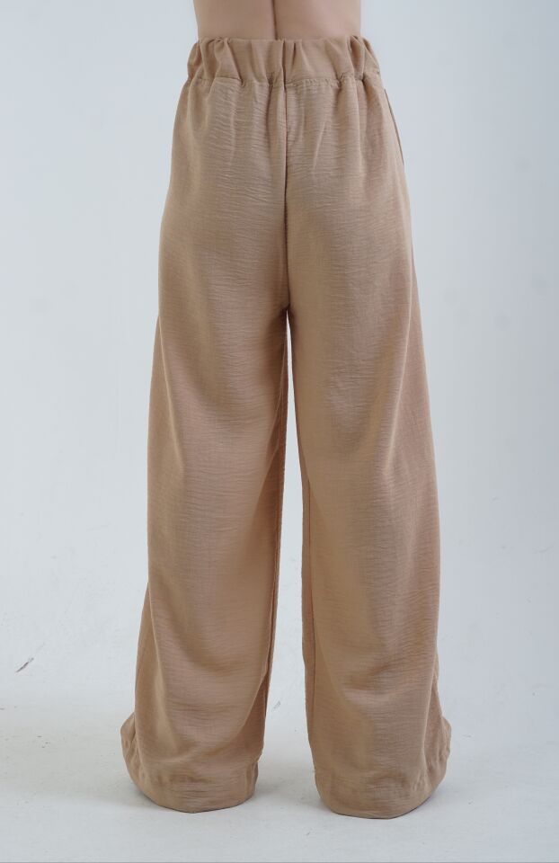 Camel Geniş Paça Keten Karışımlı Pantolon