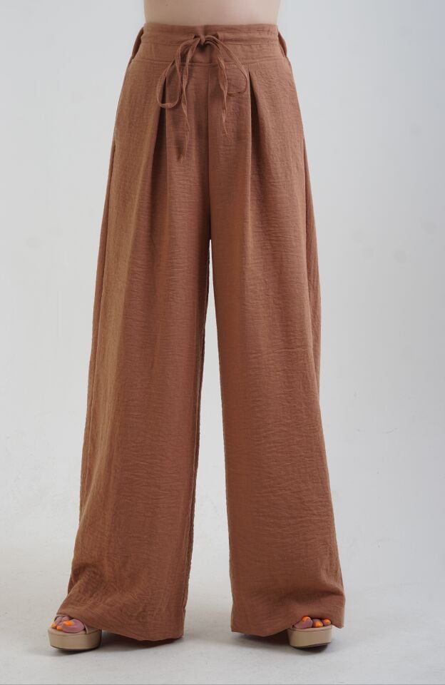Açık Kahve Geniş Paça Keten Karışımlı Pantolon