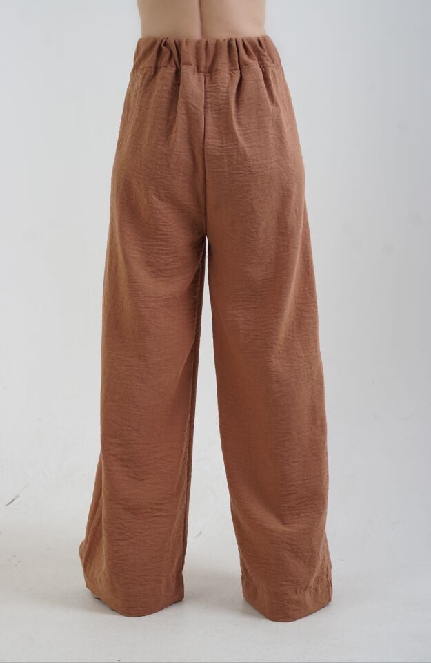 Açık Kahve Geniş Paça Keten Karışımlı Pantolon