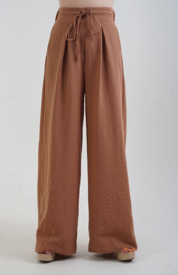 Açık Kahve Geniş Paça Keten Karışımlı Pantolon