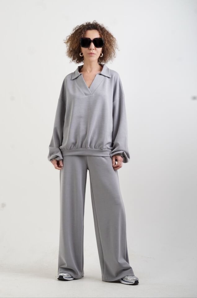 Gri Modal Polo Yaka Sweat Geniş Paça Pant Eşofman Takım