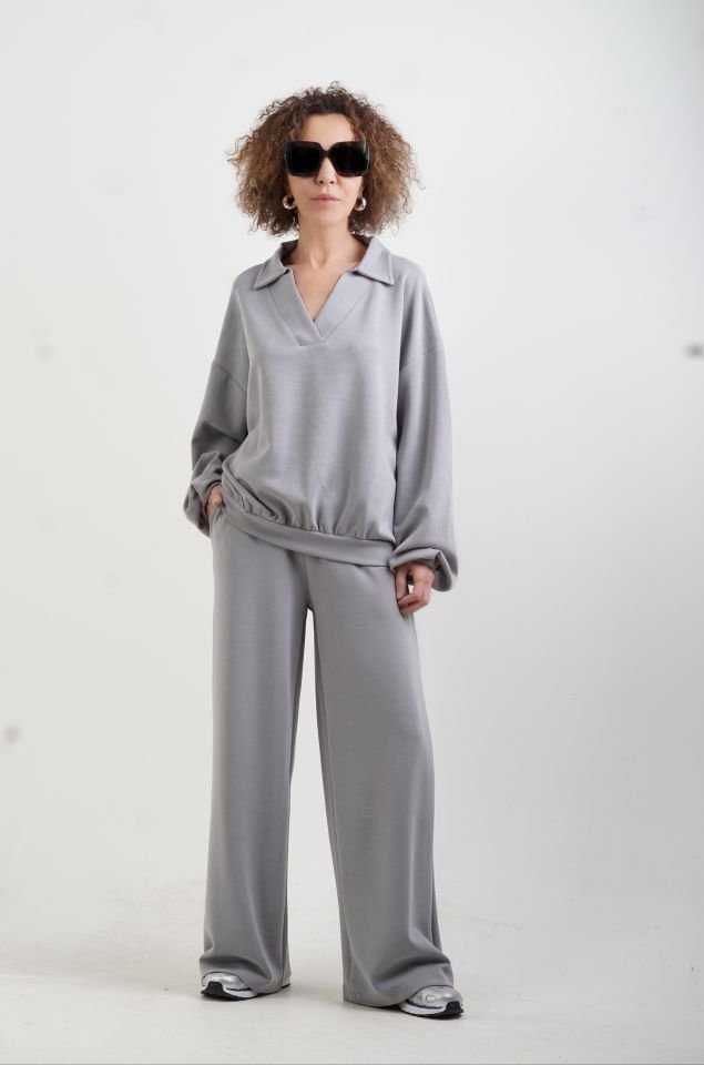 Gri Modal Polo Yaka Sweat Geniş Paça Pant Eşofman Takım