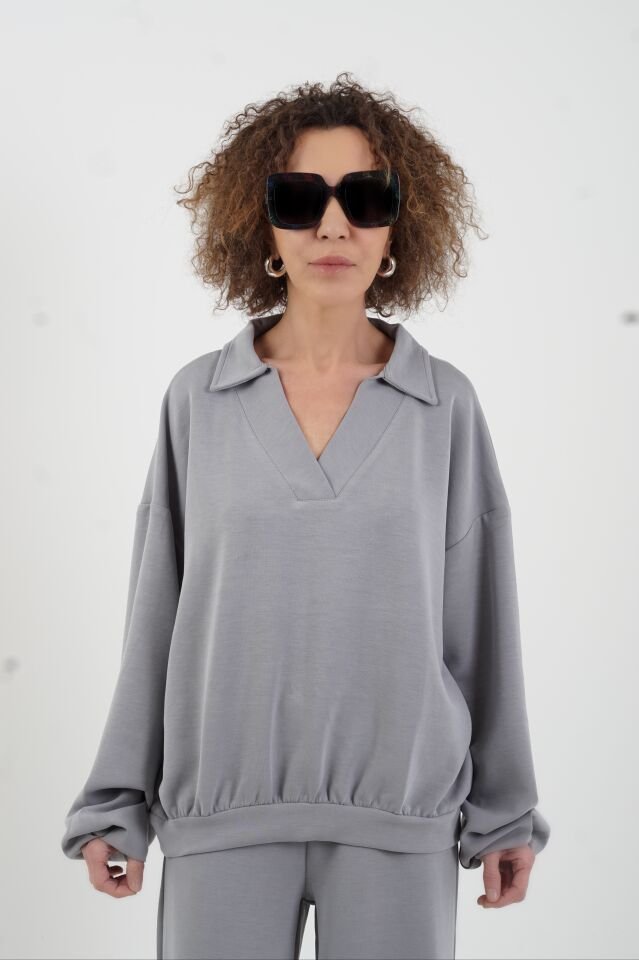 Gri Modal Polo Yaka Sweat Geniş Paça Pant Eşofman Takım