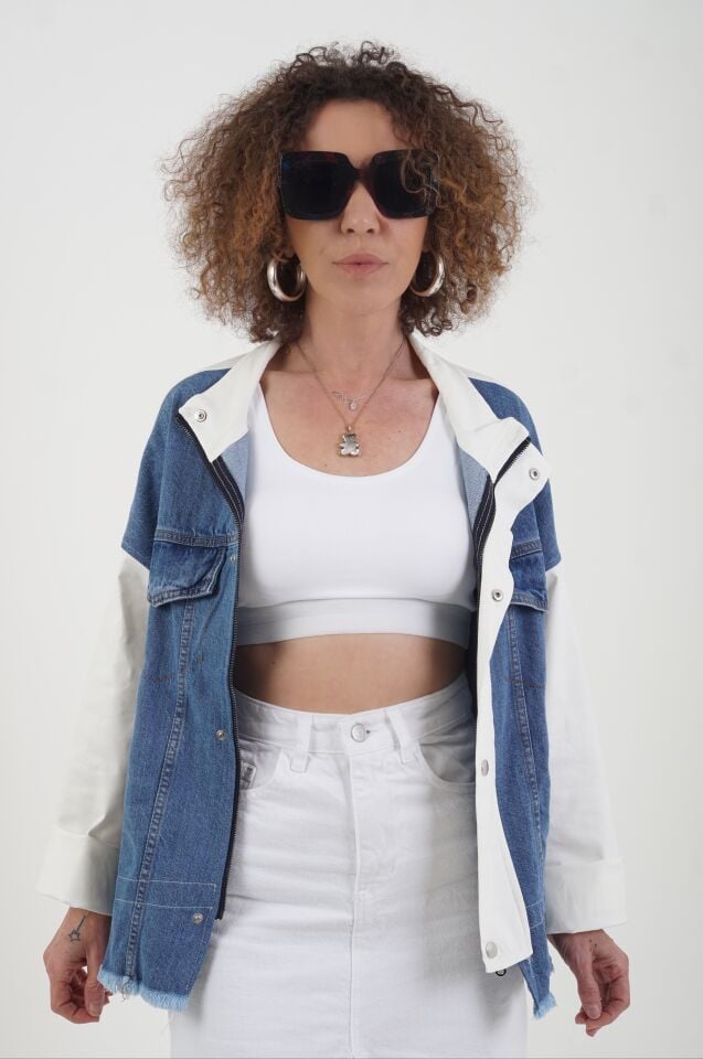 Beyaz Denim Detaylı Ceket