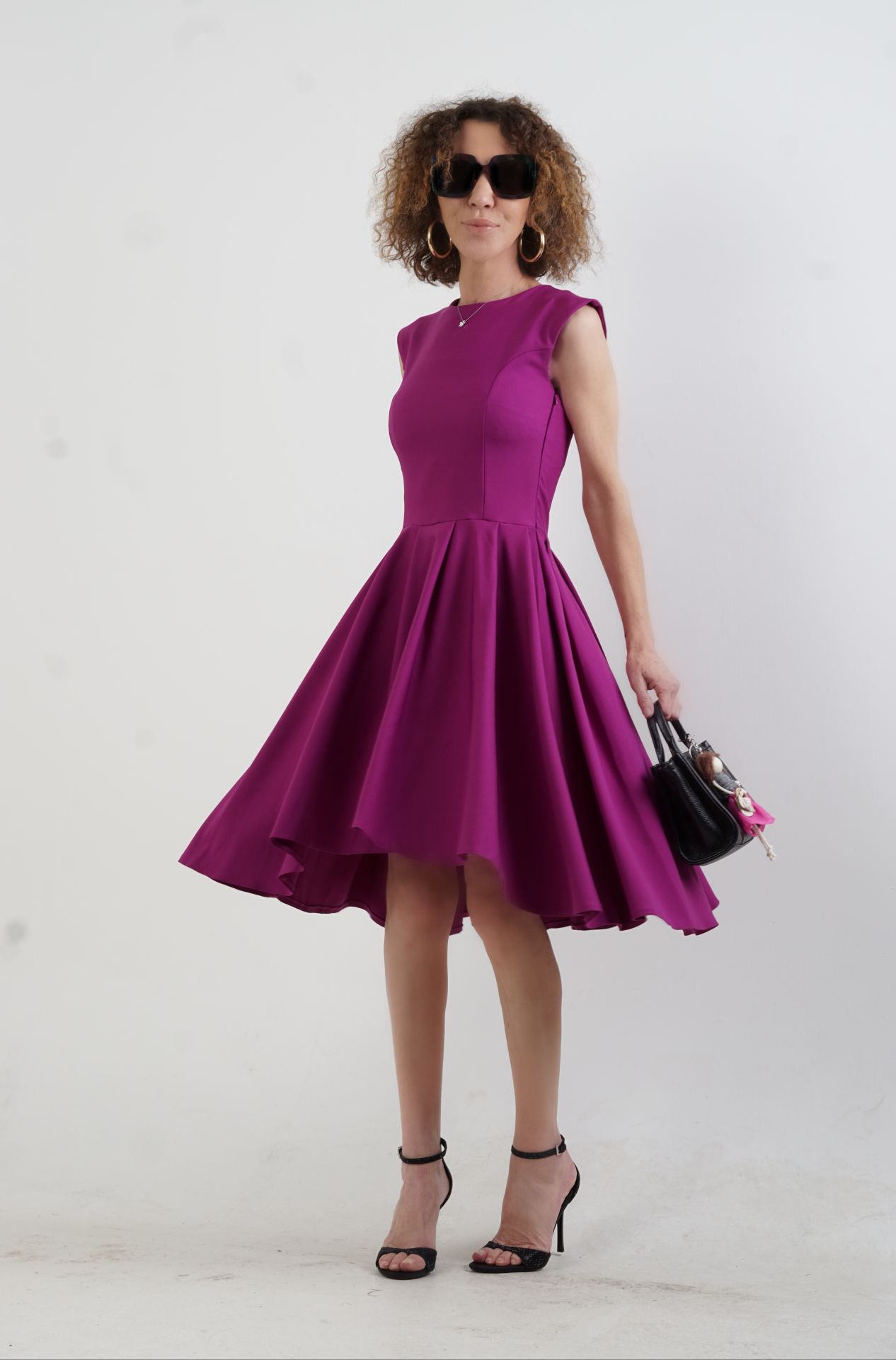 Mürdüm Pileli Midi Boy Elbise