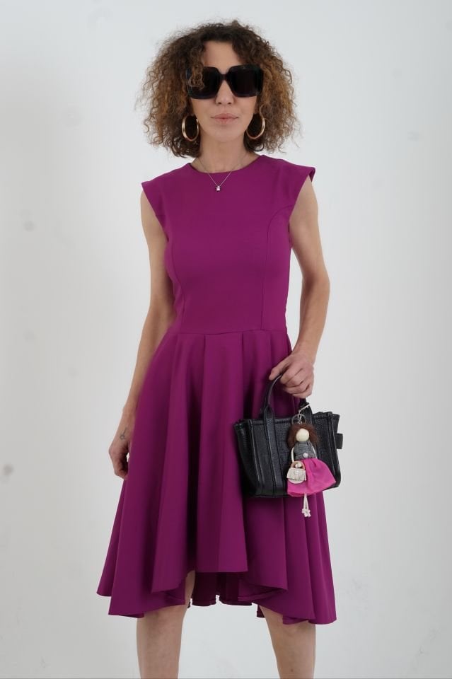 Mürdüm Pileli Midi Boy Elbise