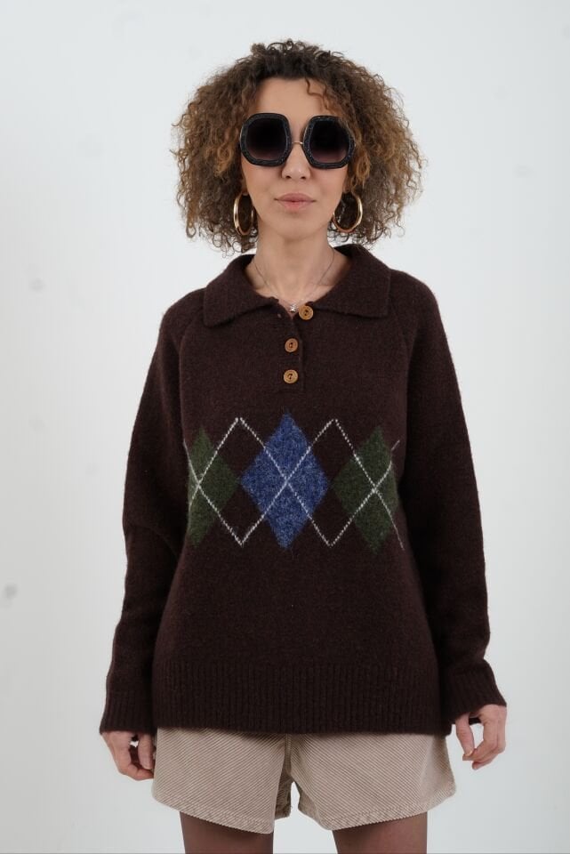 Kahve Polo Yaka Baklava Desen Kazak