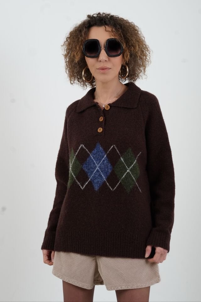 Kahve Polo Yaka Baklava Desen Kazak