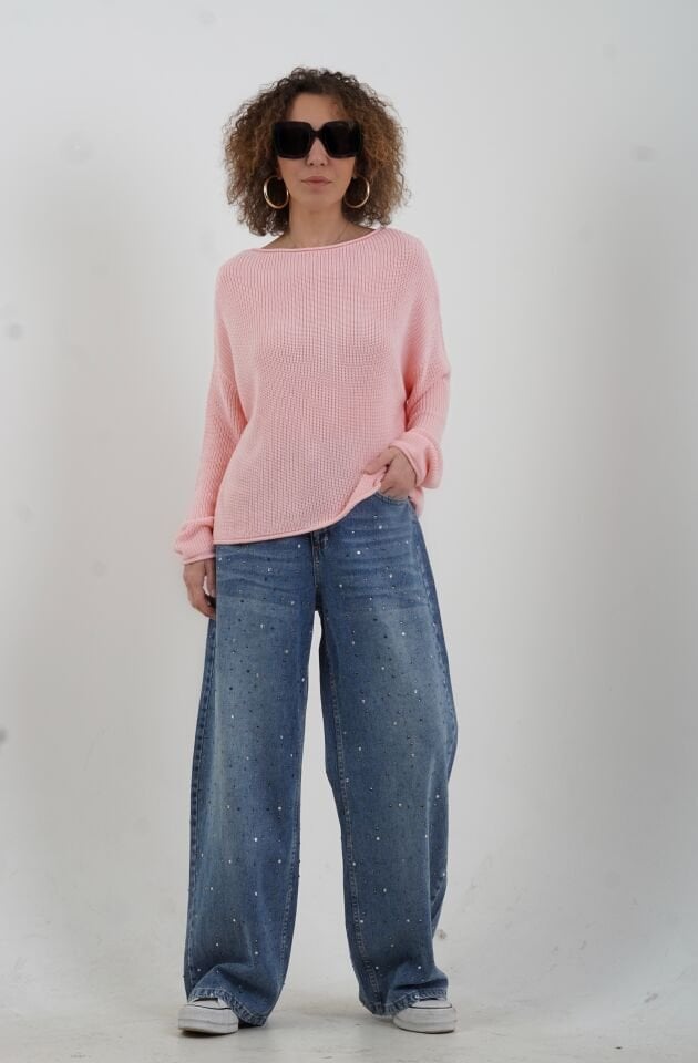 Açık Pembe Kayık Yaka Basic Triko Kazak