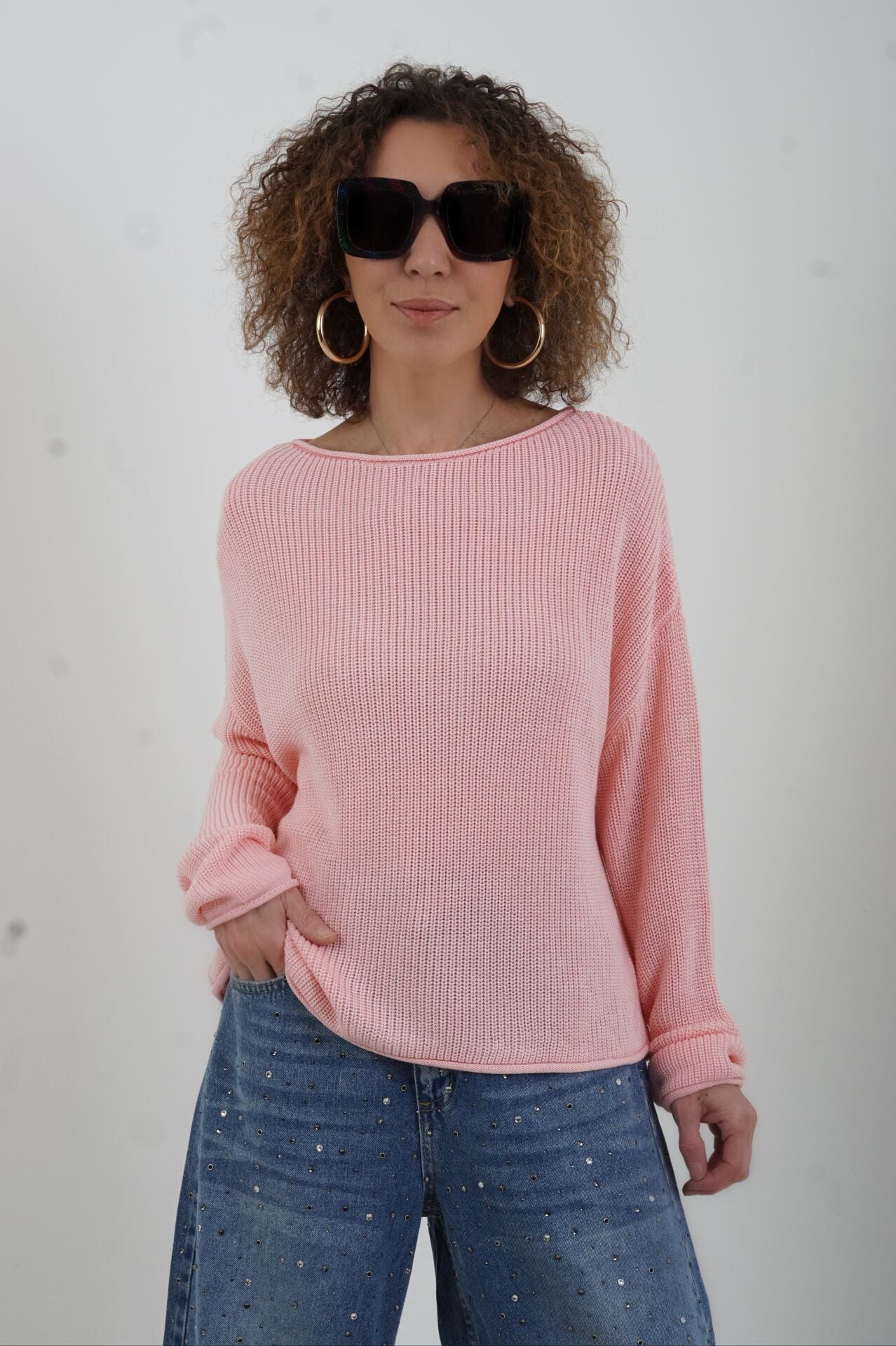 Açık Pembe Kayık Yaka Basic Triko Kazak