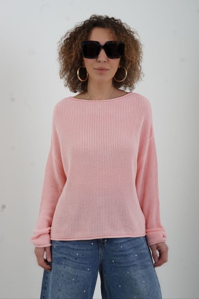 Açık Pembe Kayık Yaka Basic Triko Kazak