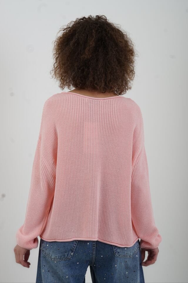 Açık Pembe Kayık Yaka Basic Triko Kazak