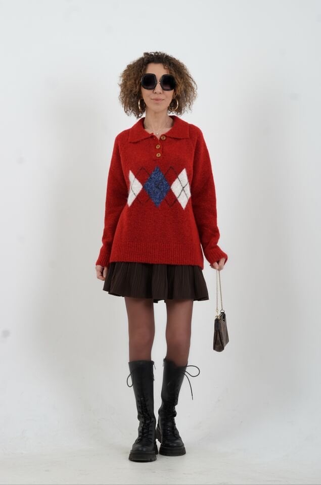 Kırmızı Polo Yaka Baklava Desen Kazak