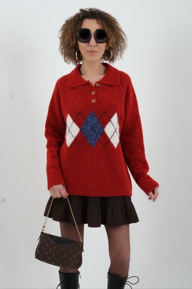 Kırmızı Polo Yaka Baklava Desen Kazak