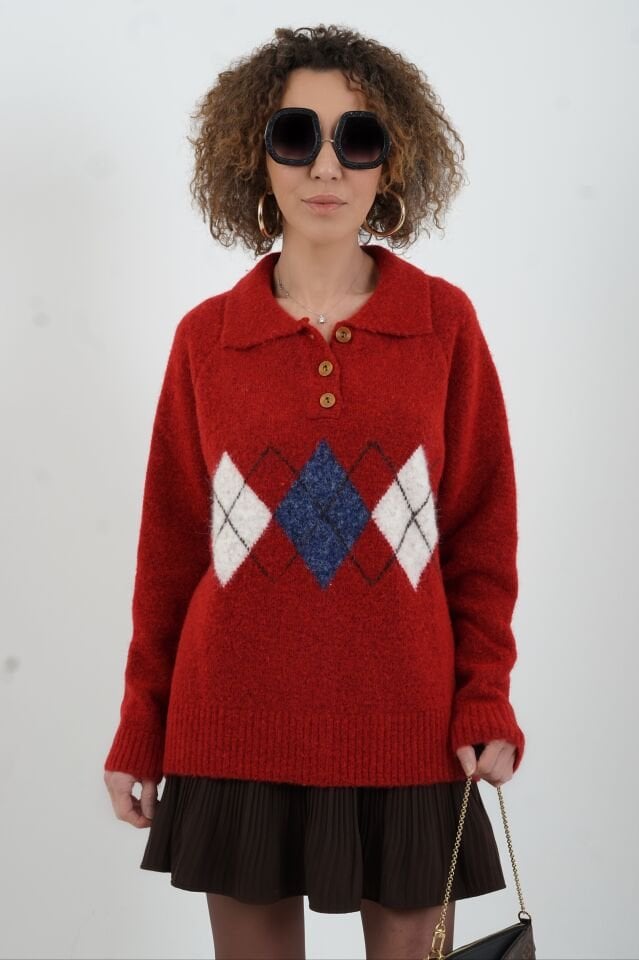 Kırmızı Polo Yaka Baklava Desen Kazak