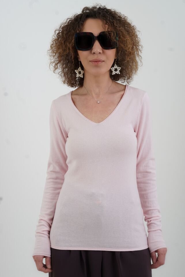 Açık Pembe V Yaka Kaşmirli Triko Kazak