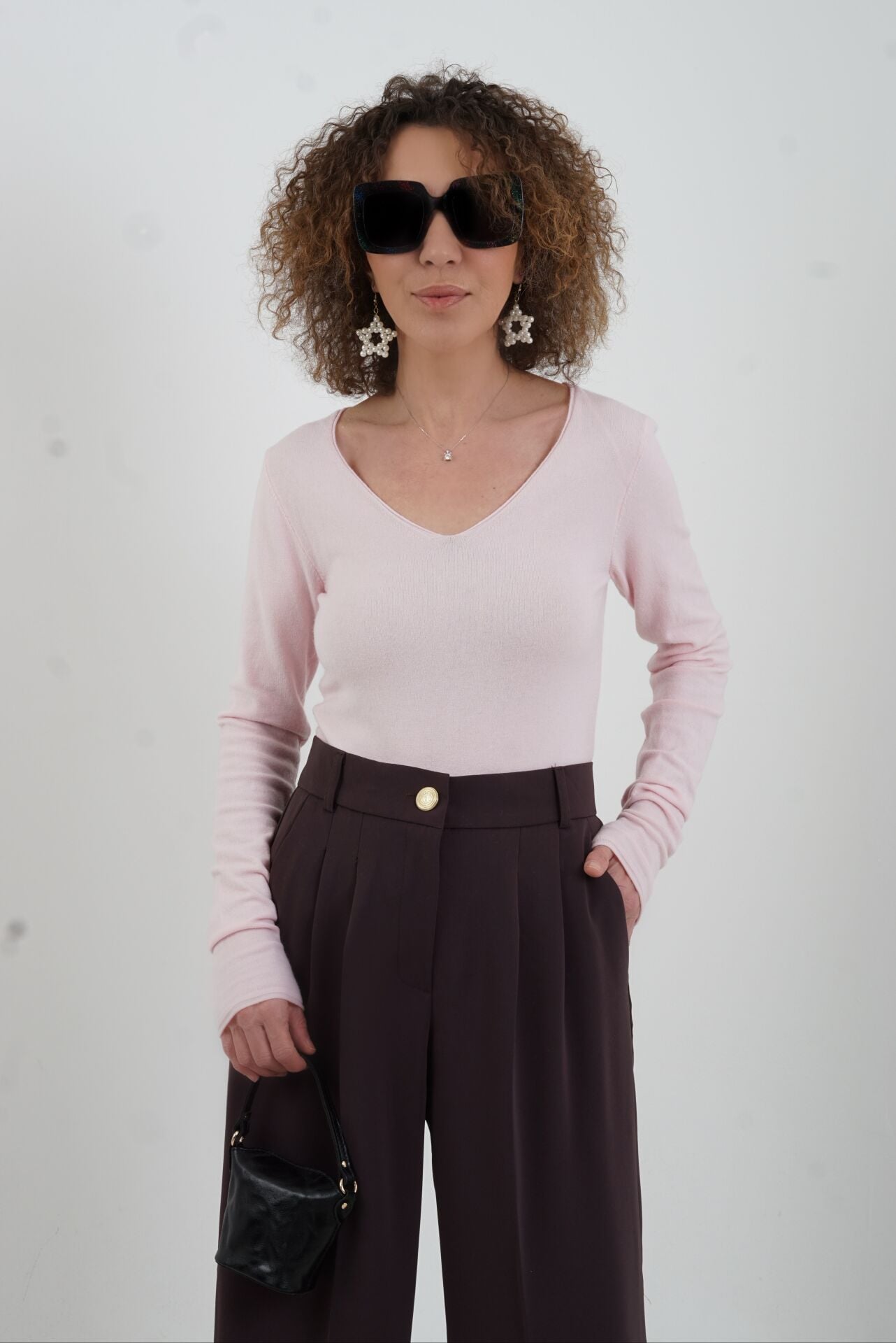 Açık Pembe V Yaka Kaşmirli Triko Kazak