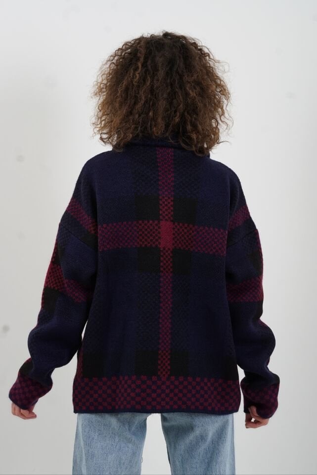 Lacivert Kare Desenli Hırka