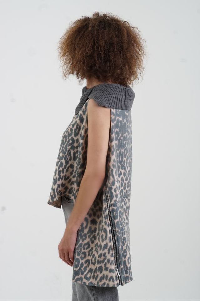 Leopar Yaka Triko Detay Bluz