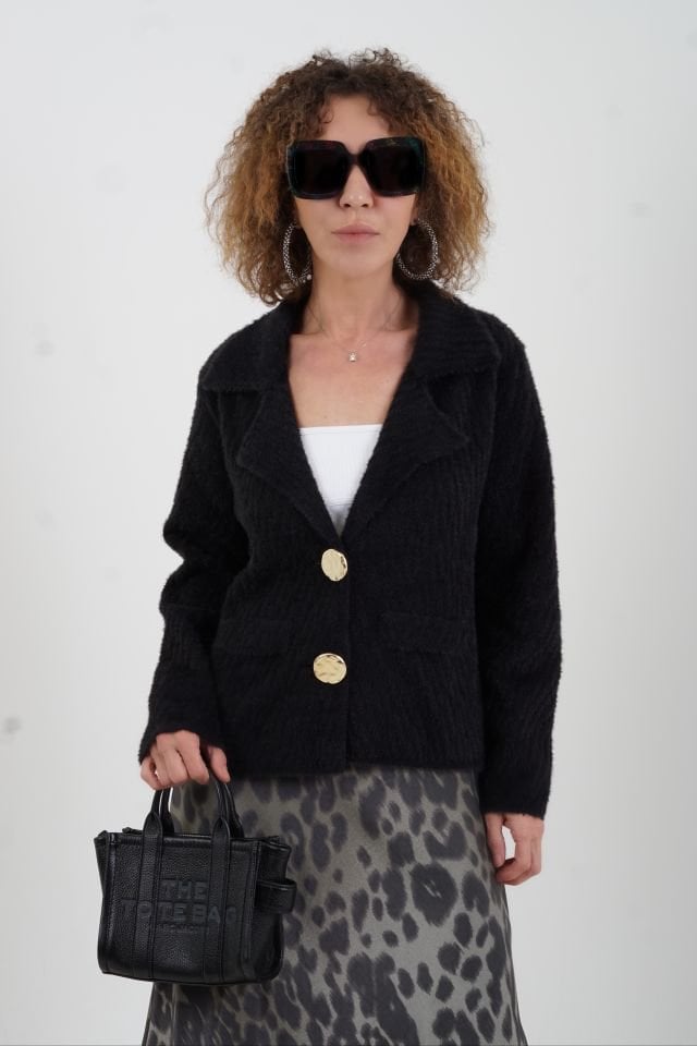 Siyah Sofistik Yaka Katlamalı Triko Ceket