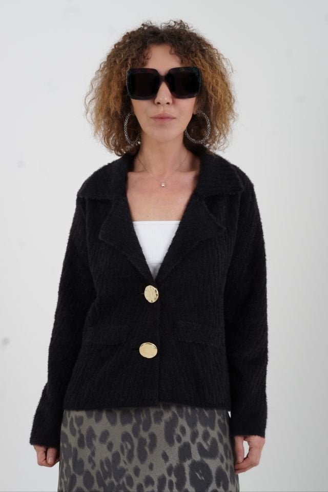 Siyah Sofistik Yaka Katlamalı Triko Ceket