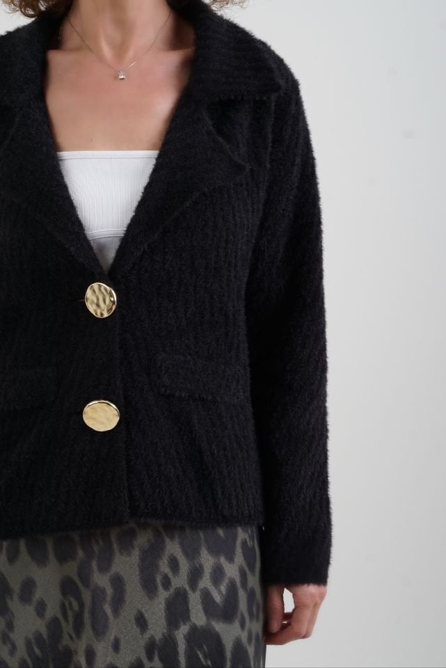 Siyah Sofistik Yaka Katlamalı Triko Ceket