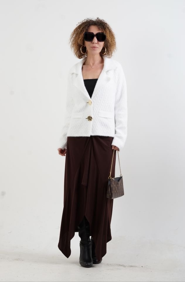 Ekru Sofistik Yaka Katlamalı Triko Ceket